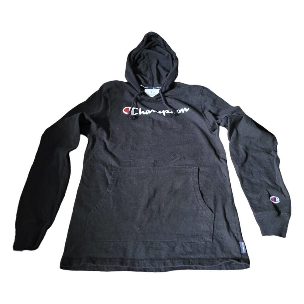 Champion Longsleeve hoodie Mens SZ S Black Lightweight Hooded Shirt Logo Top